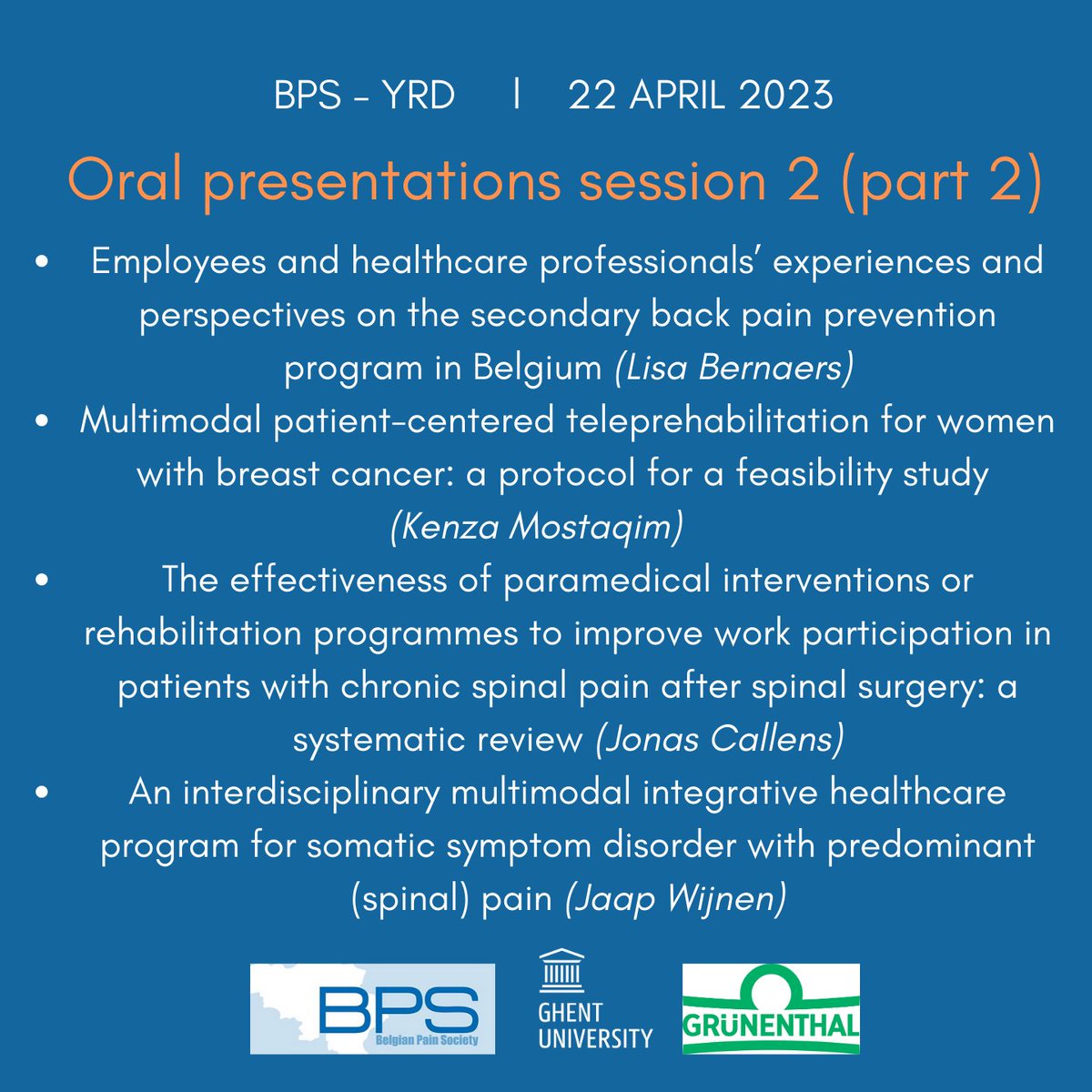 Ready for the speakers of our 2nd session of oral presentations? Here we go! 📷
Don't miss out and connect with fellow pain experts at <a href="/bps_yrd/">Belgian Pain Society Young Researchers Day BPS-YRD</a> on April 22 at Ghent University!
Register here (registration is free but mandatory) 📷belgianpainsociety.org/bps-yrd