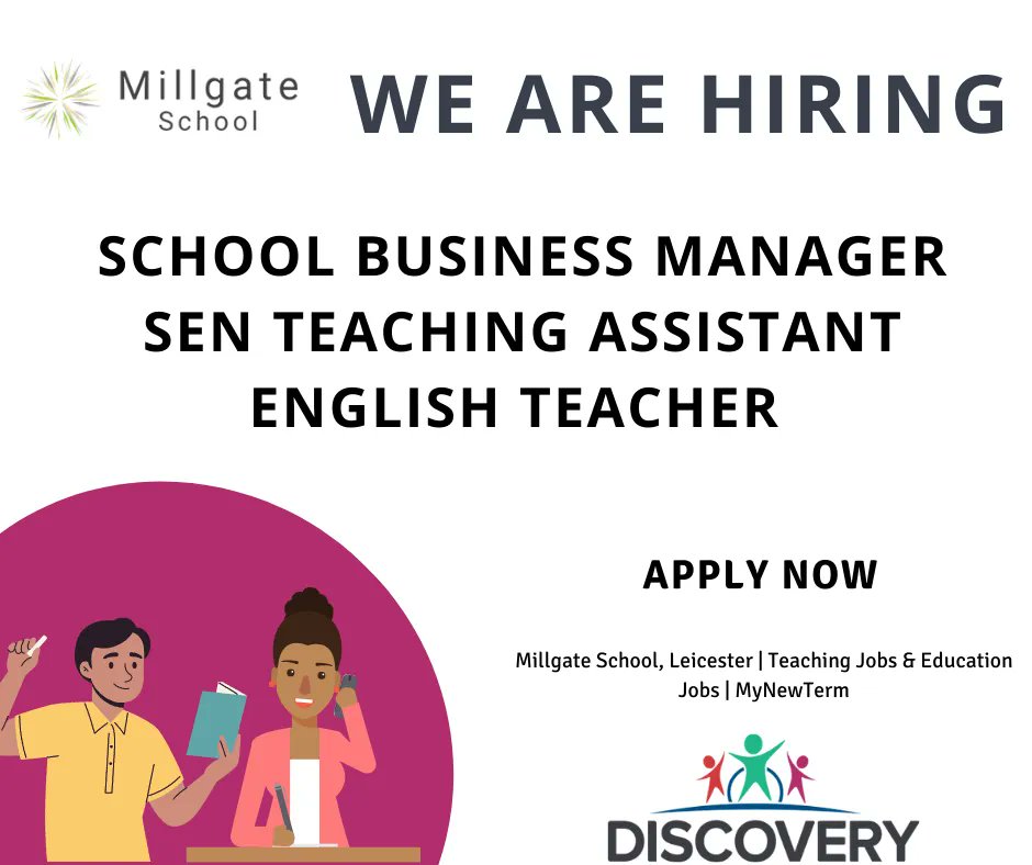 @Millgate_School are currently recruiting numerous roles within their School.
View full details of all vacancies and apply online <a href="/mynewterm/">MyNewTerm</a> here- buff.ly/3K6Iczc 
#Recruiting #Jobs #Vacancies