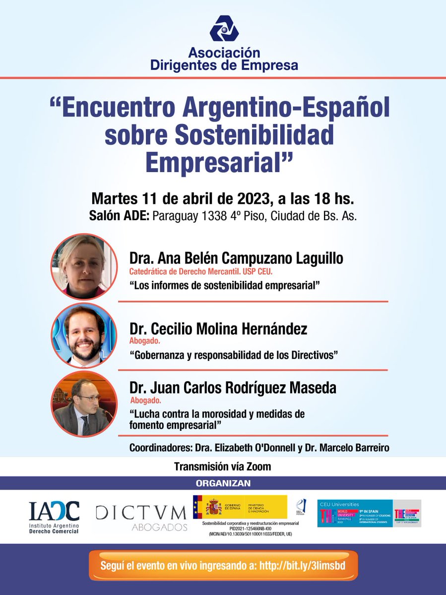 No te pierdas hoy el "Encuentro argentino-español sobre sostenibilidad empresarial", que podrás seguir online aquí a partir de las 23:00 hora española: lnkd.in/dcWh_88H

<a href="/RodriguezMaseda/">J C Rodriguez Maseda</a> <a href="/IADC_1939/">IADC</a> <a href="/marcelobarreiro/">Marcelo G Barreiro</a> #dictum #sostenibilidadempresarial #morosidad #gobernanza