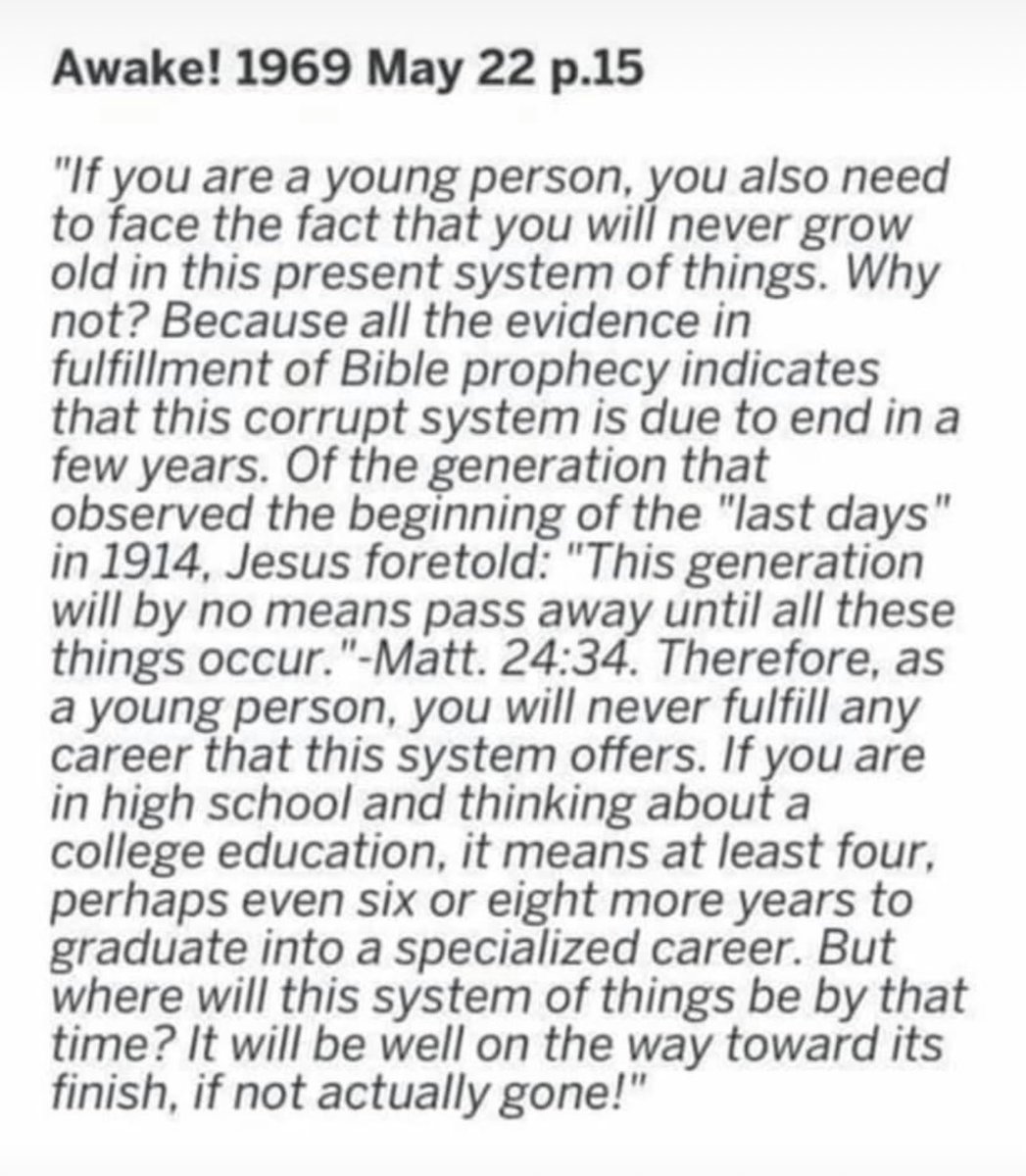 speaktoprotect's tweet photo. Jehovah’s Witnesses still give high school students this same advice to not go to college/Uni. Yet the age they could have gone here means themselves, their children and grandchildren could have qualified! https://t.co/Qo5gLgoZ3e