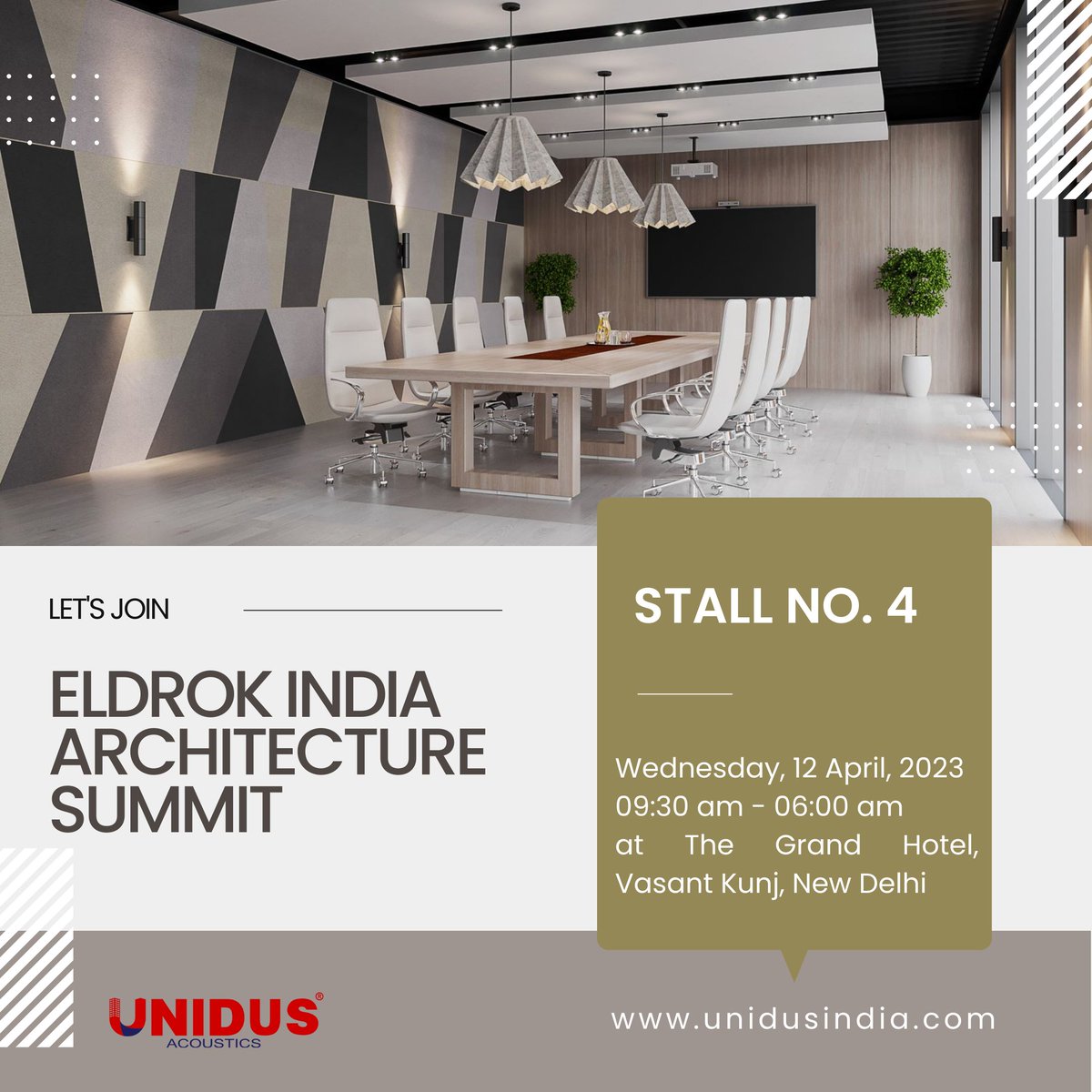 We Welcome  𝐔𝐧𝐢𝐝𝐮𝐬 as '𝐓𝐡𝐞 𝐁𝐫𝐨𝐧𝐳𝐞 𝐒𝐩𝐨𝐧𝐬𝐨𝐫' at Eldrok India Architecture Summit (EIAS) on 12th April 2023 at The Grand, Vasant Kunj, New Delhi. 

#acousticpanels #walldecor #soundinsulation #bespokeinteriors #featurewall #designwall #eldrok #conference