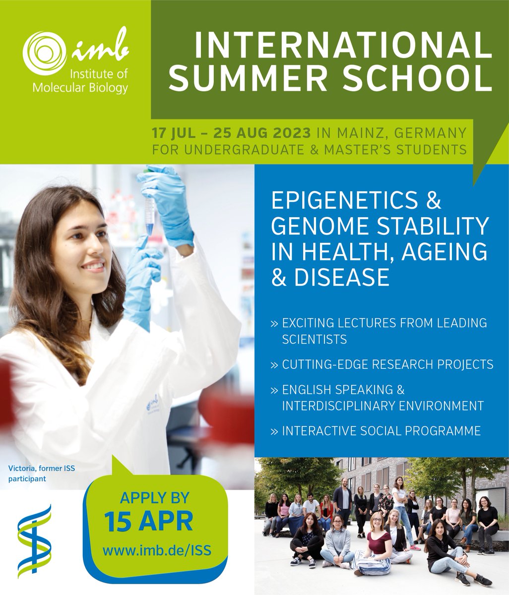 📢Are you a university student interested in life sciences topics such as #Epigenetics #GenomeStability #AgingResearch #RNA & #Bioninformatics? Join our #SummerSchool (17 Jul-25 Aug)!  
Apply by 15 Apr📨imb.de/ISS/apply

#issimbmainz #ResearchInternship #AgeingResearch