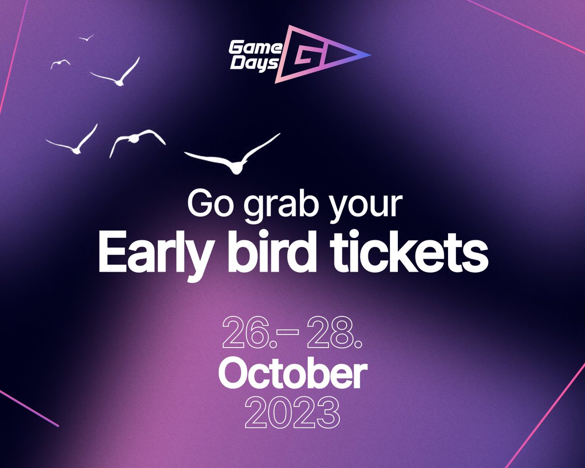Rise &amp; shine, game devs! Don't miss the early bird ticket sale for Game Days conference! Join us from Oct 26-28 for 3 days of inspiration, education &amp; gaming!  Level up your skills, network &amp; explore the future of gaming. Hurry, tickets won't last!  #GameDays #gamedev #indiedev