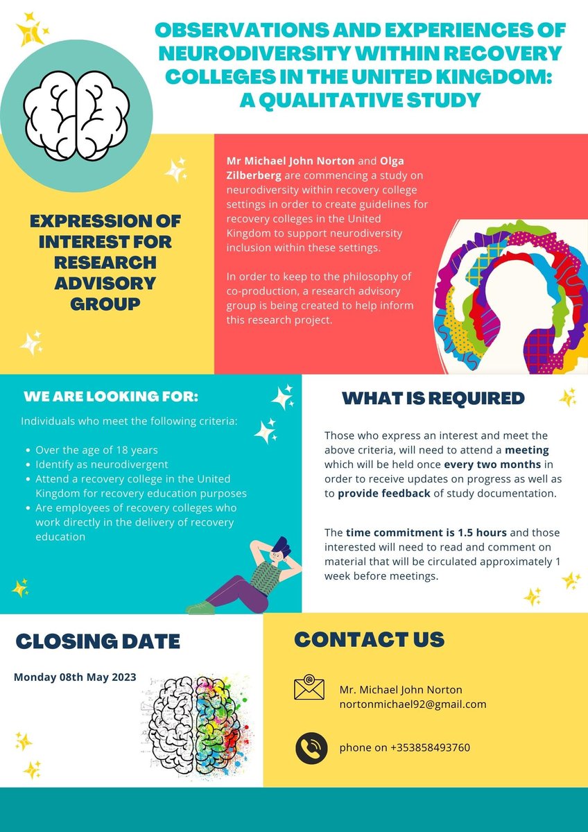Really excited to get this project started. If you identify as #Neurodivergent and use the #recoverycollege for your #mentalhealth and #Wellbeing or are a staff member of a #recovery #college in the UK then come join our #research #advisory group ! <a href="/ImROC_comms/">ImROC</a>