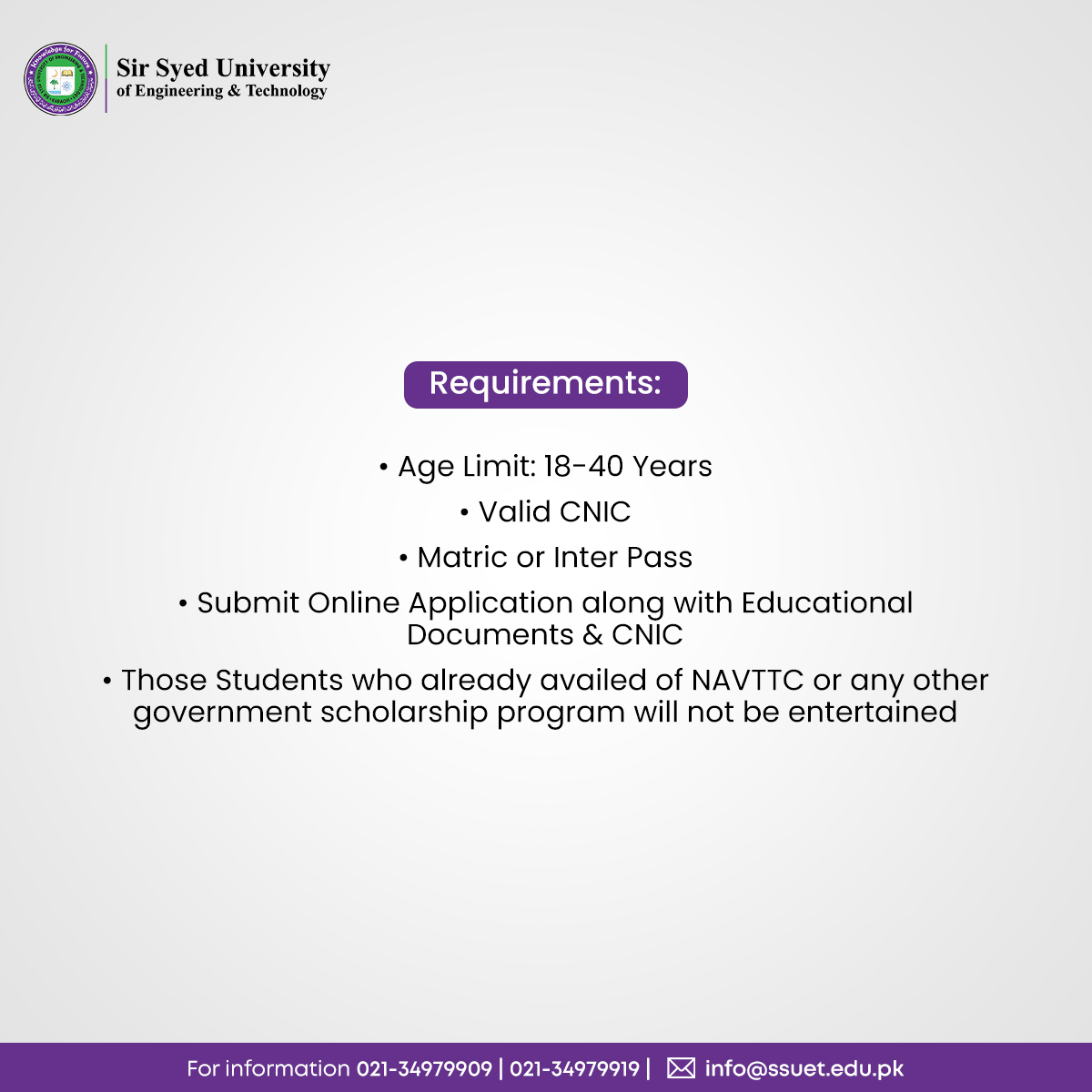 SSUET_Official's tweet photo. SSUET in collaboration with Prime Minister Youth Skill Development Program provides FREE High End Oriented Professional Training for Male & Female Students!
For Details, please visit: https:\https://t.co/QCQbxH2zRh
#SSUET #FreeAdmissions #FreeTraining #NAVTTC https://t.co/YpOhtZ7LL3