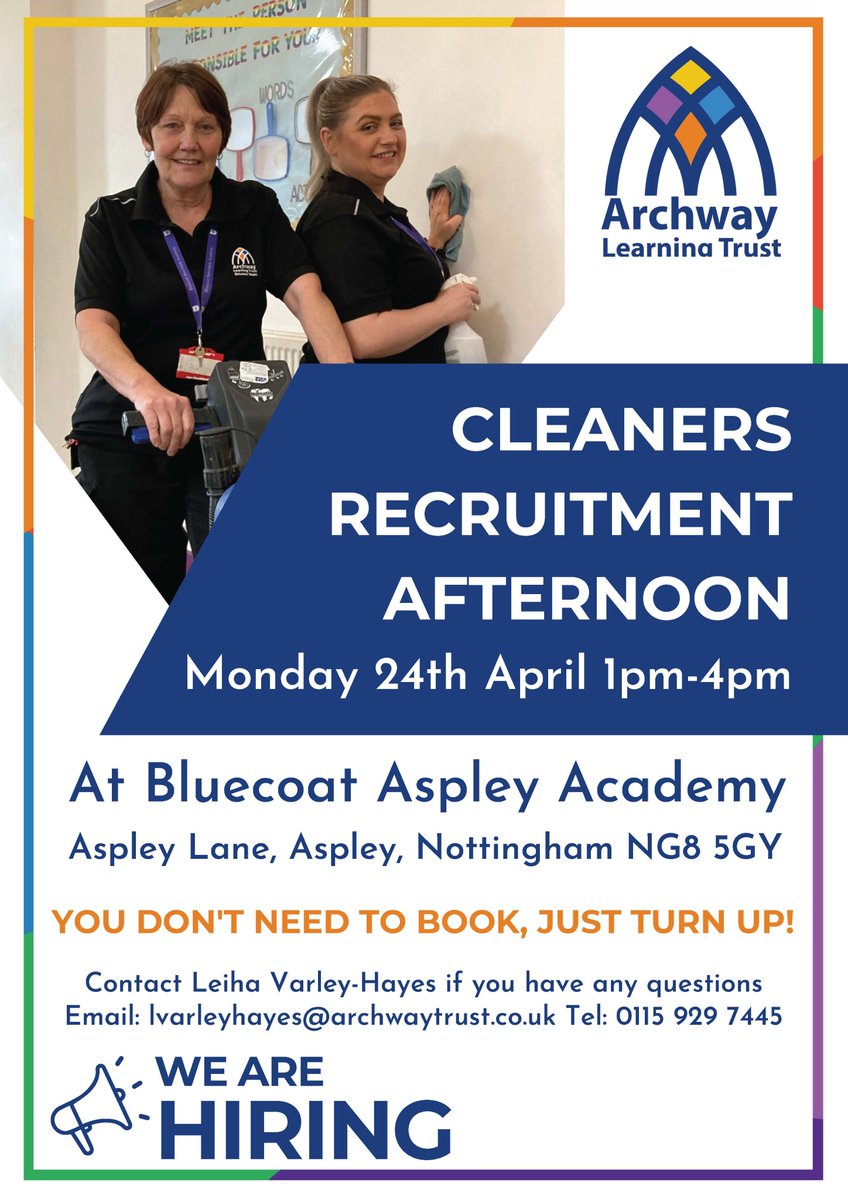 📢 Cleaners Recruitment Afternoon
🗓️ Monday 24th April 1pm-4pm
📍 Aspley Lane, Aspley NG8 5GY

Please share with your friends, family and professional networks!

#Cleaners #NottinghamJobs