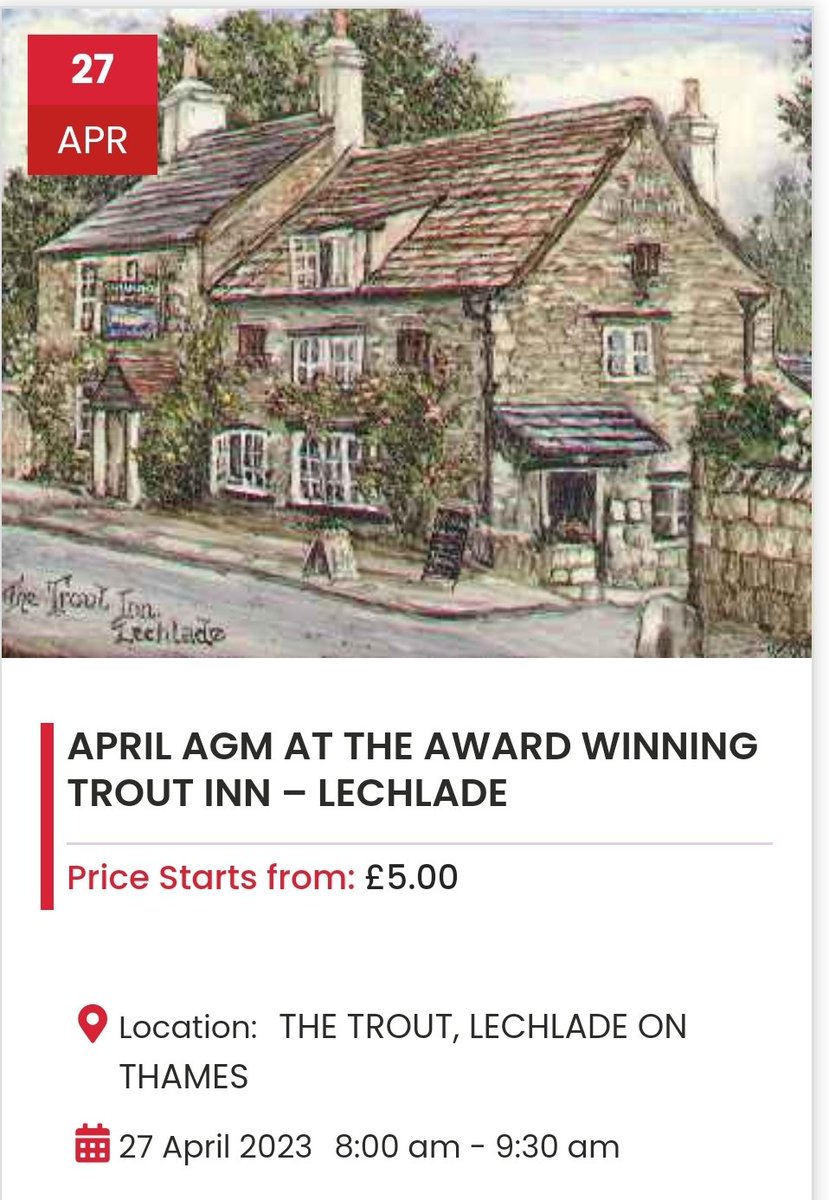 Come along to our AGM
@thetroutinn_lechlade 

Thursday 27th April at 8am. 

All members welcome. If you'd like to be more involved, then let us know and join the steering group.

Full breakfast/refreshments available. Sign up using this link

flbc.org.uk/events/april-a…