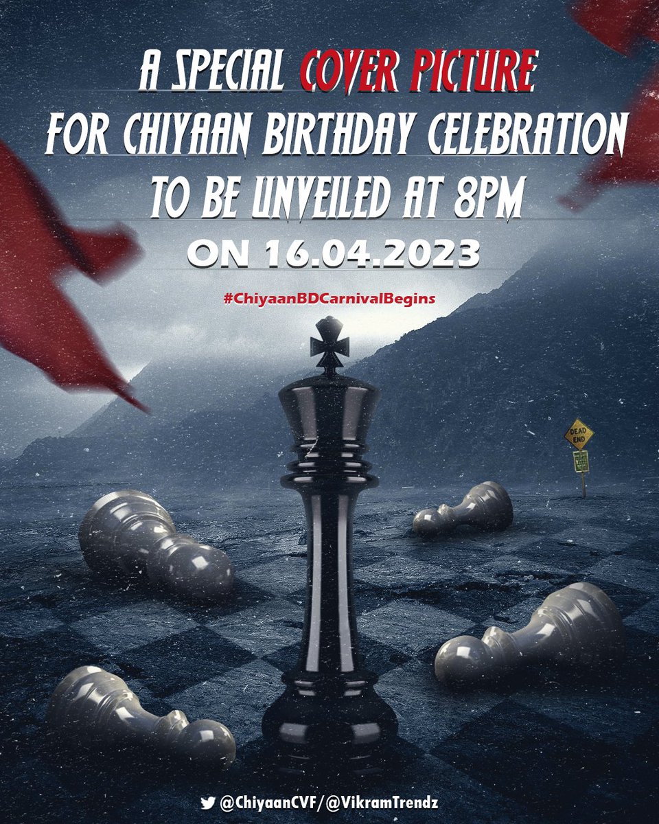 VikramTrendz's tweet photo. • Here's The Next Announcement You've Been Waiting For 🧨💥

⭐ A special "COMMON COVER PICTURE" 🖌️ design to be unveiled on 16th, 8PM 😉✨

Stay tuned.🤜🤛 Next announcement  at 5️⃣PM, Today! 

#ChiyaanBDCarnivalBegins
#ChiyaanVikram @Chiyaan

@sooriaruna @Kalaiazhagan15 https://t.co/5A1GbEwocX