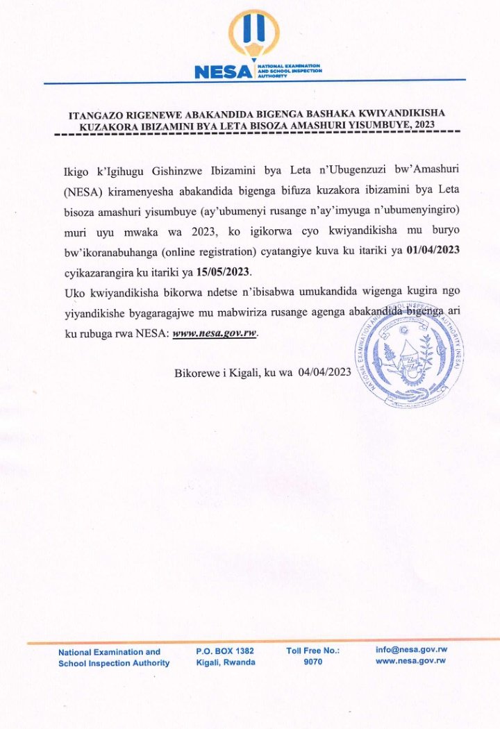 NESA_Rwanda's tweet photo. Itangazo rigenewe abakandida bigenga bashaka kwiyandikisha kuzakora ibizamini bya Leta bisoza umwaka w'amashuri yisumbuye umwaka wa 2022/ 2023 https://t.co/pgJo66GNms