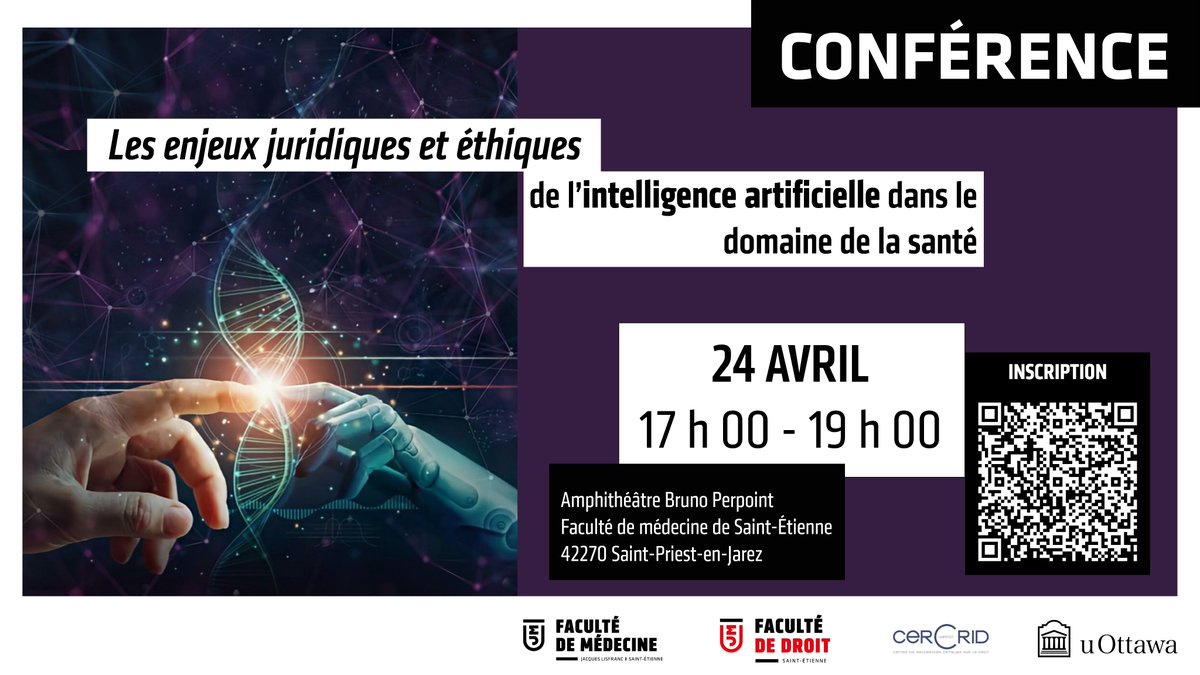 Car l'#IA est aujourd'hui au cœur de toutes les préoccupations et que le domaine de la #santé ne fait pas exception.

🎓Conférence organisée avec @FacdroitUJM <a href="/CERCRID_UMR5137/">CERCRID UMR 5137</a>, en partenariat avec @uOttawaTechLaw 

+ d'infos➡️bit.ly/40Z9LSv

#ArtificialIntelligence