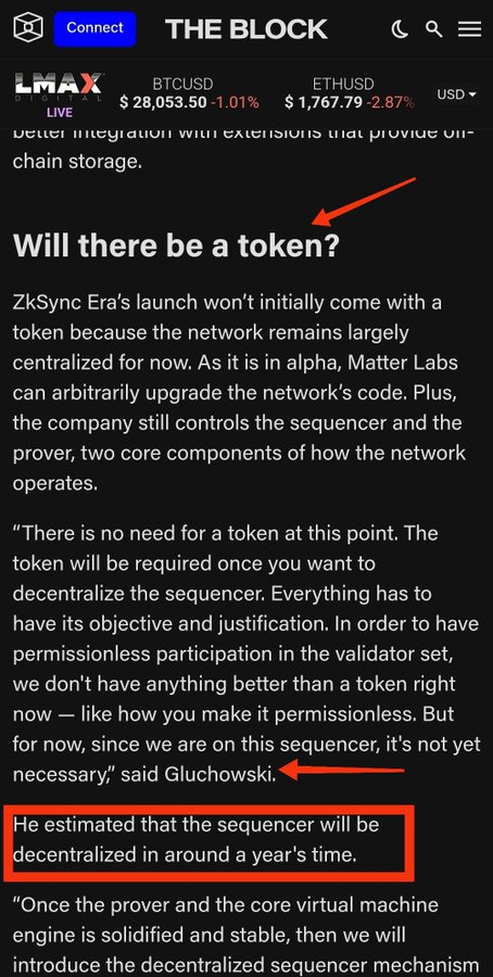 Fuck_Zuck_'s tweet photo. The CEO of 
@the_matter_labs
 hints that the $ZKS would be released in about a year (I'm convinced it will arrive within 6 months)
This statement sounds like a confirmation of a future ZkSync Airdrop, and there's no better time to farm it since the Mainnet has been live today  🫡 https://t.co/4HgggJxRGi