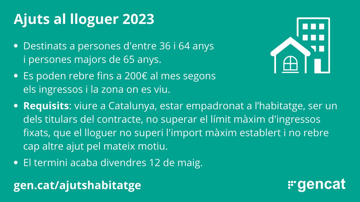 gencat's tweet image. Obertes dues noves línies d'#ajuts al #lloguer per a:
🔹 Persones d'entre 36 i 64 anys.
🔹 Persones de més de 65 anys.

Es poden rebre fins a 200€ al mes segons els ingressos i la zona on es viu. El termini acaba divendres 12 de maig.

ℹ️ Més informació a gen.cat/ajutshabitatge