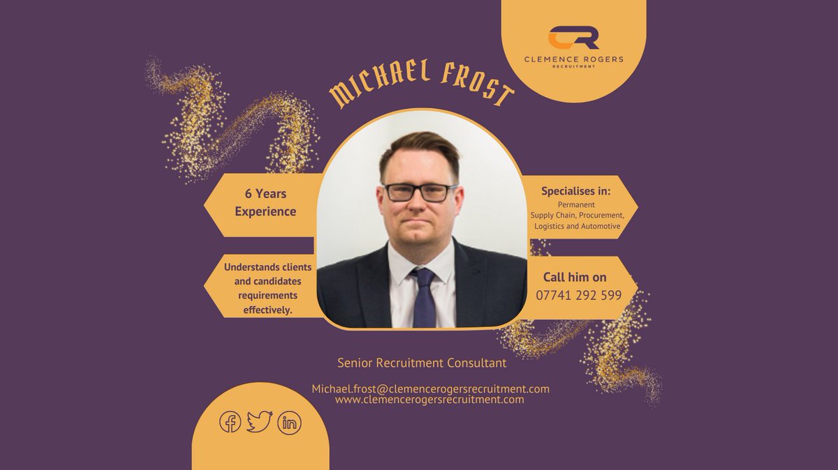 Michael has worked in recruitment for a number of year and specialises in the automotive and supply chain sectors. 

If you have any recruitment needs, please feel free to call Michael on 07741 292 599 or send him an email via Michael.frost@clemencerogersrecruitment.com