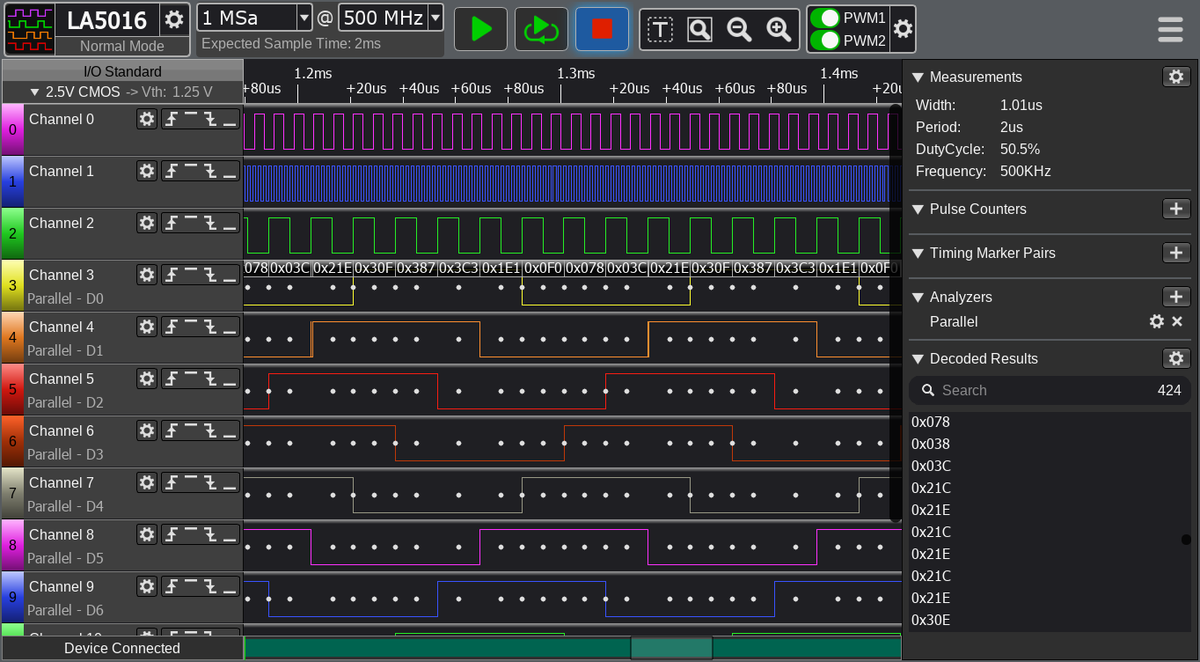 YLRabbit's tweet photo. The IDES16 primitive has been functional on #tangnano4k. Don't pay attention to the small values of the decoded parallel signals - my analyzer has only 16 input lines and I physically can't plug all the IDES16 outputs together with the input signals.
#fpga #apicula #gowin #siped https://t.co/hBZUlpCnZP