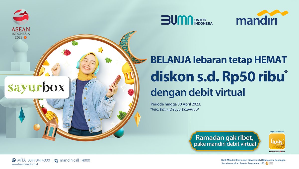 bankmandiri's tweet photo. BELANJA kebutuhan ramadan dan lebaran di Sayurbox lebih HEMAT dan sat set pake debit virtual!

Promo berlaku untuk transaksi di Sayurbox via Shopee hingga 30 April 2023. Info selengkapnya, kunjungi https://t.co/FcsqNNTCFH

#MandiriPromo #MandiriDebitVirtual https://t.co/54xf3wx9pA