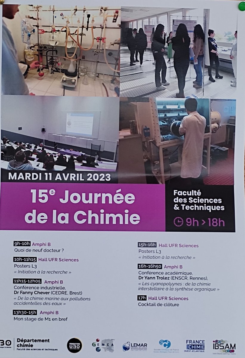 scfbpl's tweet image. C'est la Journée de la Chimie à l'@UBO_UnivBrest pour tous les étudiants de la Licence au Doctorat, avec le soutien de notre section régionale, et la présence du @RJSCF_BPL