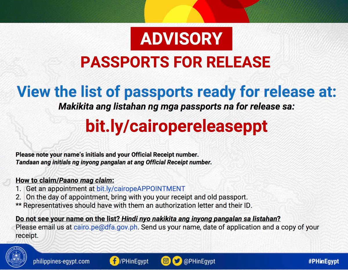 Philippine Embassy in Egypt on Twitter "ADVISORY PASSPORTS FOR RELEASE📷 View the list of