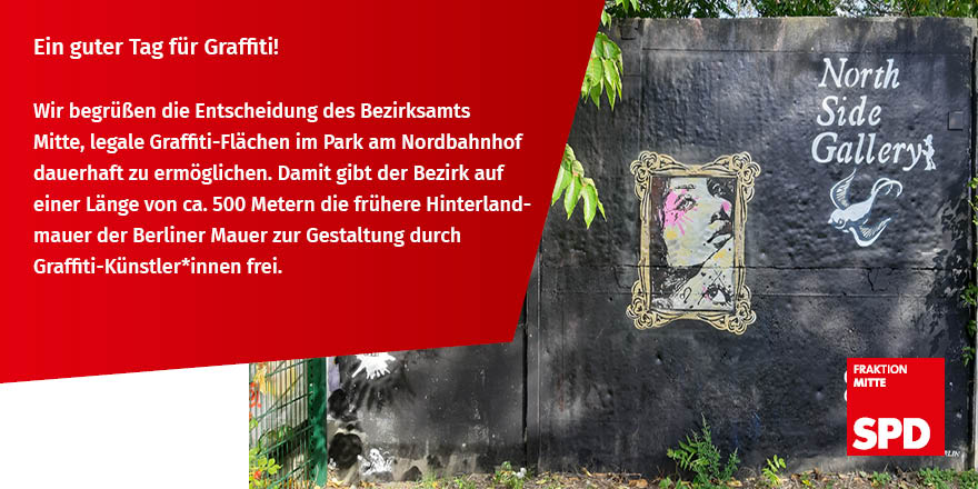 "Unser dauerhafter Einsatz in der #bvvmitte für mehr legale, frei zugängliche Graffiti-Flächen in Mitte und gerade am Nordbahnhof wurde heute belohnt. Berlins größte Hall of Fame entsteht am Nordbahnhof“, freuen sich die beiden Fraktionsvorsitzenden <a href="/SFischer65/">Susanne Fischer 💛</a> &amp; <a href="/DorotheaRiedel/">Dorothea Riedel</a>