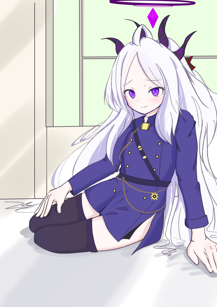 hina (blue archive) 1girl solo long hair purple eyes horns white hair halo  illustration images