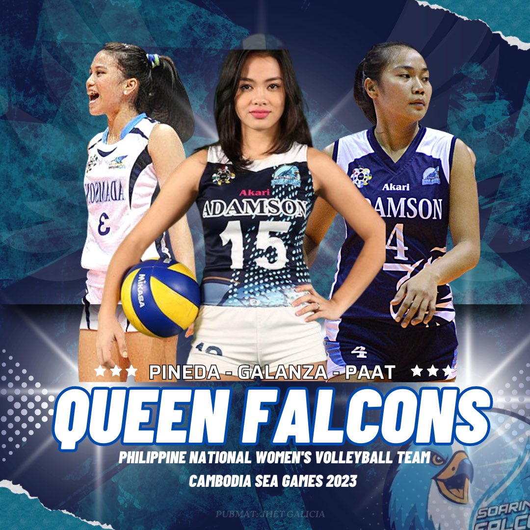 AdU_Volleyball's tweet photo. Adamson represent, for the 2023 Cambodia SEA GAMES. Together with Alumni Head Coaches Sherwin Meneses and Cherry Rose Macatangay! 🐦💙 #LabanAdamson #AdamsonPride https://t.co/E03utwxFIB