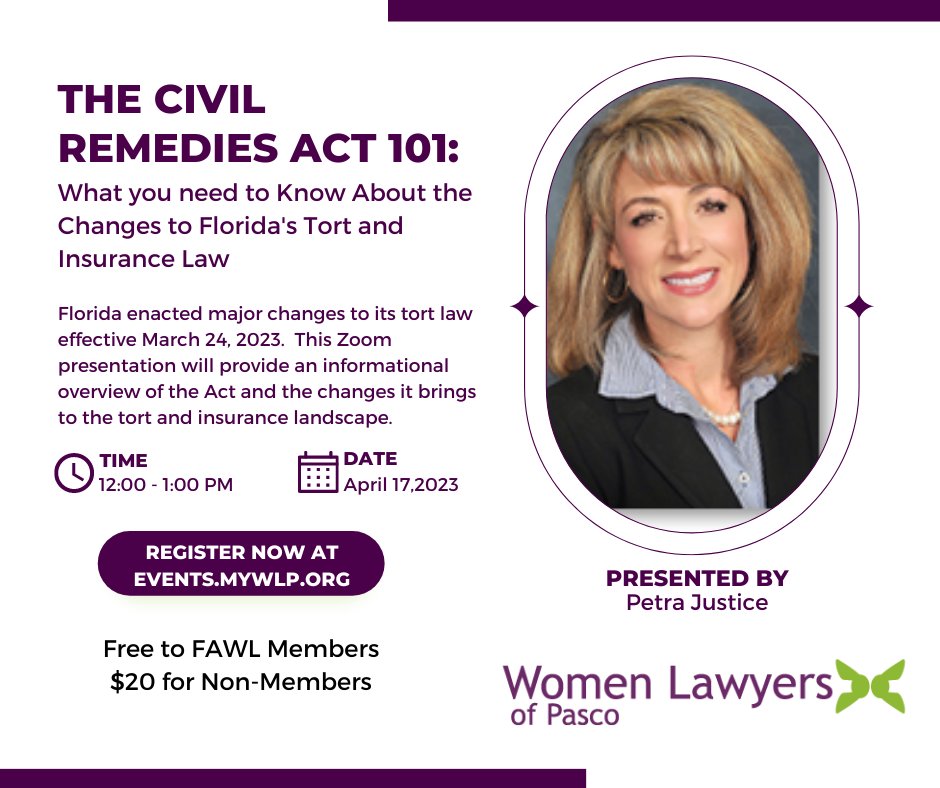 mywlp's tweet photo. Big changes to Florida tort law -- join WLP for a rundown of what those changes mean for lawyers and clients.   Can't make it live on April 17 at noon? Register and you'll also get on-demand access!  https://t.co/qEB5TF7P2c https://t.co/Nn7dx9veMO