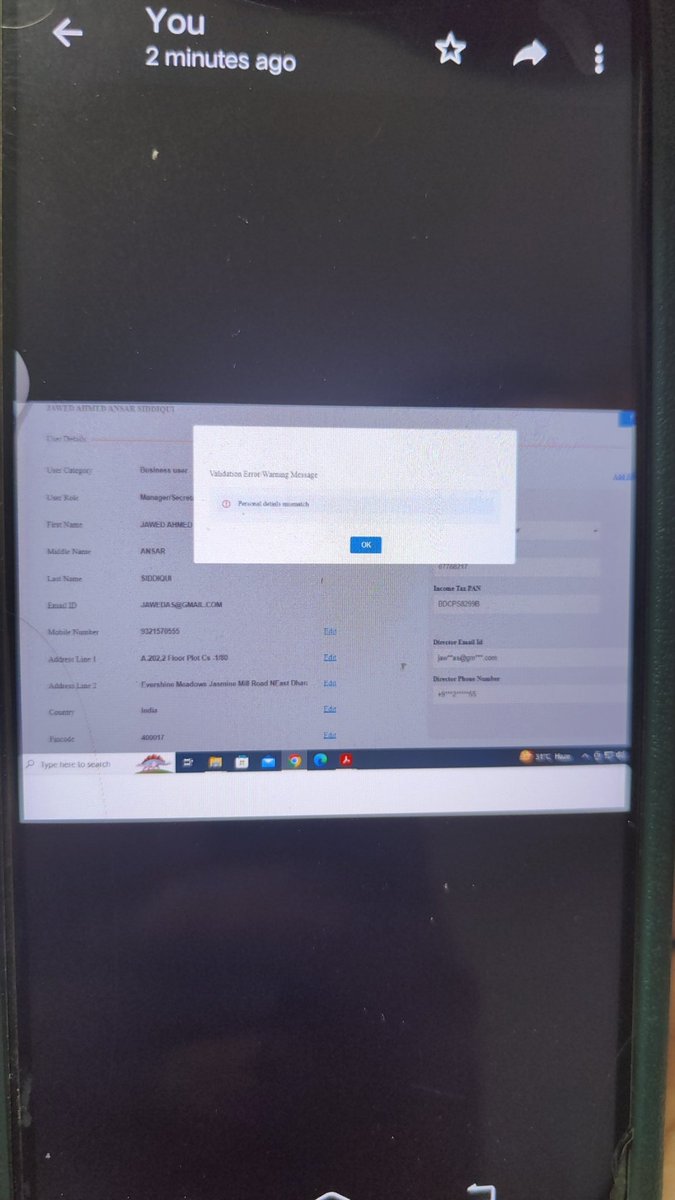 jawedam's tweet photo. @MCA21India
Ticket No.
FO_20230407722669

  While updating DIN no. 07788217 in director login on V3 Portal, an error shows that "Personal Details Mismatch" https://t.co/8M9mKwOuY9