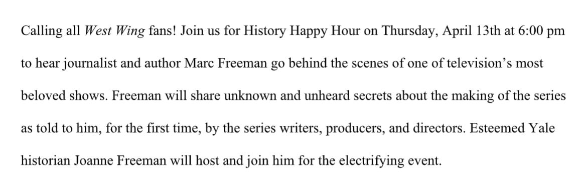 jbf1755's tweet photo. Folks!
Thursday 6:00 PM ET, I'm moderating a webcast centered on a recent article by my brother Marc on The West Wing.

He's a master at writing thoughtful pieces re: the making of films &amp; TV programs. For a sample: https://t.co/w0vuL479RG

Register here!
https://t.co/s7guszGKEL https://t.co/TUgcdymAsE