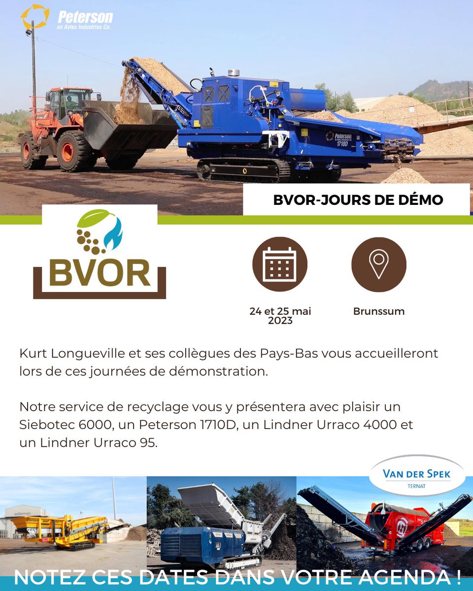 Our colleagues from the Netherlands will participate in this year's BVOR Demo Days on May 24 and 25, 2023 at Brunssum. They will be present with a Siebotec 6000, a Peterson 1710D horizontal grinder, a Lindner Urraco 4000 and a Lindner Urraco 95.