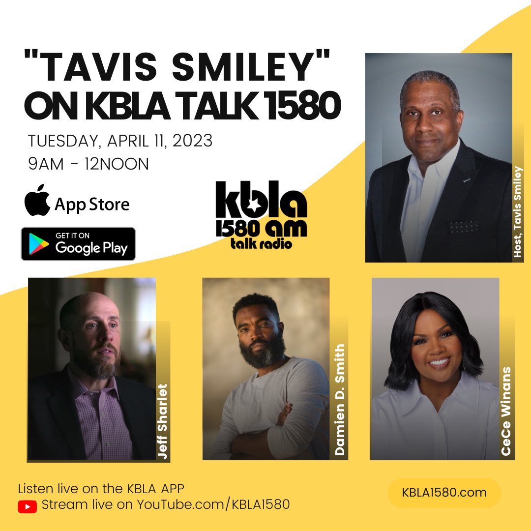 "TAVIS SMILEY" FOR TUESDAY, APRIL 11, 2023 on <a href="/kbla1580/">KBLA 1580 - on 🧵 @KBLA1580</a> 
 
Jeff Sharlet 

Damien D. Smith <a href="/DamienDSmith/">Damien D Smith</a> 
 
CeCe Winans <a href="/cecewinans/">CeCe Winans</a>