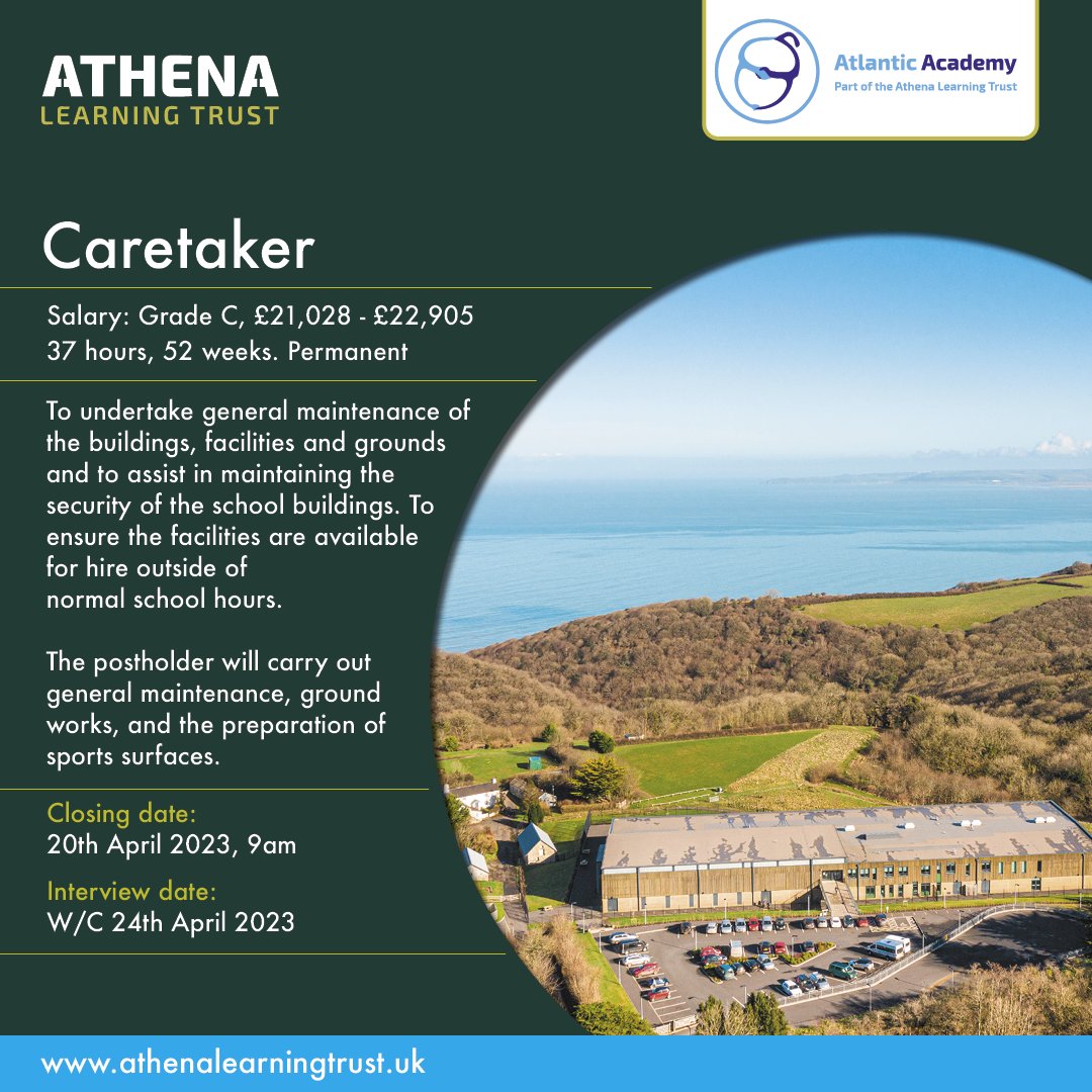 Based at Atlantic Academy, we’re looking for a caretaker to oversee all aspects of site management. ⁠
⁠
Closing date: 20th April⁠
⁠
#AthenaLearningTrust #CornwallSchools #SouthWestSchools #Education #WorkWithUs #EduJobs #SiteManagement #CornwallJobs #Cornwall