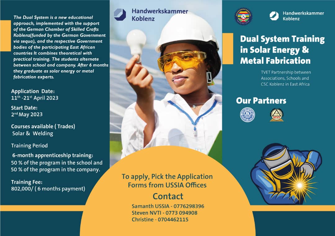 USSIAssociation's tweet image. REGISTRATION FOR DUAL SYSTEM TRAINING IN PROGRESS!!! 
#DualSystem Training in Solar Energy &amp;amp; Metal Fabrication combines both theoretical &amp;amp; practical training for Students in a period of 6 months.
@USSIAssociation|@NtindaVTI|@CSCKoblenzEAC  Contact numbers on the Flier.