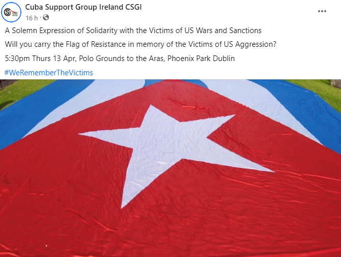 EmbaCubaFrancia's tweet photo. Bientôt: Quel accueil pour #Biden! 13/04/23
Le +grand drapeau cubain🇨🇺 du monde au #PhoenixPark/Dublin,à l'occasion de la visite du pdt🇺🇸 organisé par #CubaSupportGroupIreland🇮🇪
✊Expression solennelle de solidarité avec les victimes des guerres,agressions et sanctions USA. https://t.co/rWDHmibVSE