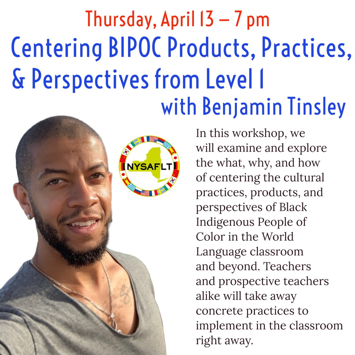It's Virtual Workshop week, and this month <a href="/AfroFranco2/">Benjamin Tinsley</a> has a fantastic presentation prepared for us! There's still time to register. Visit nysaflt.org/virtualworksho… for details!