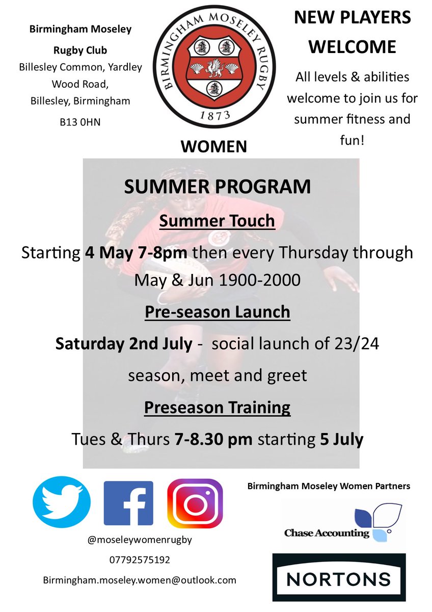 BMWRFC's tweet photo. As one season draws to a close, we start planning the next. Summer program detail 👇🏻. NEW PLAYERS MOST WELCOME! @MoseleyRugbyFC @UoBWRFC @UBMSRFC @MyBCU @NorthMidsRFU @nortons_digbeth @Moseleyfans @RFUMidsClubSup @RFU_GameDev @rfuwrdo_MidsNW @moseleyscream @RFUWomenscomps https://t.co/KHHjin947J