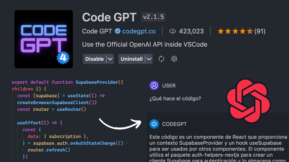 midudev's tweet photo. ¡Integra ChatGPT y GPT-4 en Visual Studio Code!

CodeGPT es una alternativa a GitHub Copilot:
◆ Genera código según tus instrucciones
◆ Refactoriza y encuentra posibles errores
◆ Documenta y testea tus programas

Tiene más de 400.000 descargas:
🔗 https://t.co/7v7hCajuPh https://t.co/7zGH3JAF1P