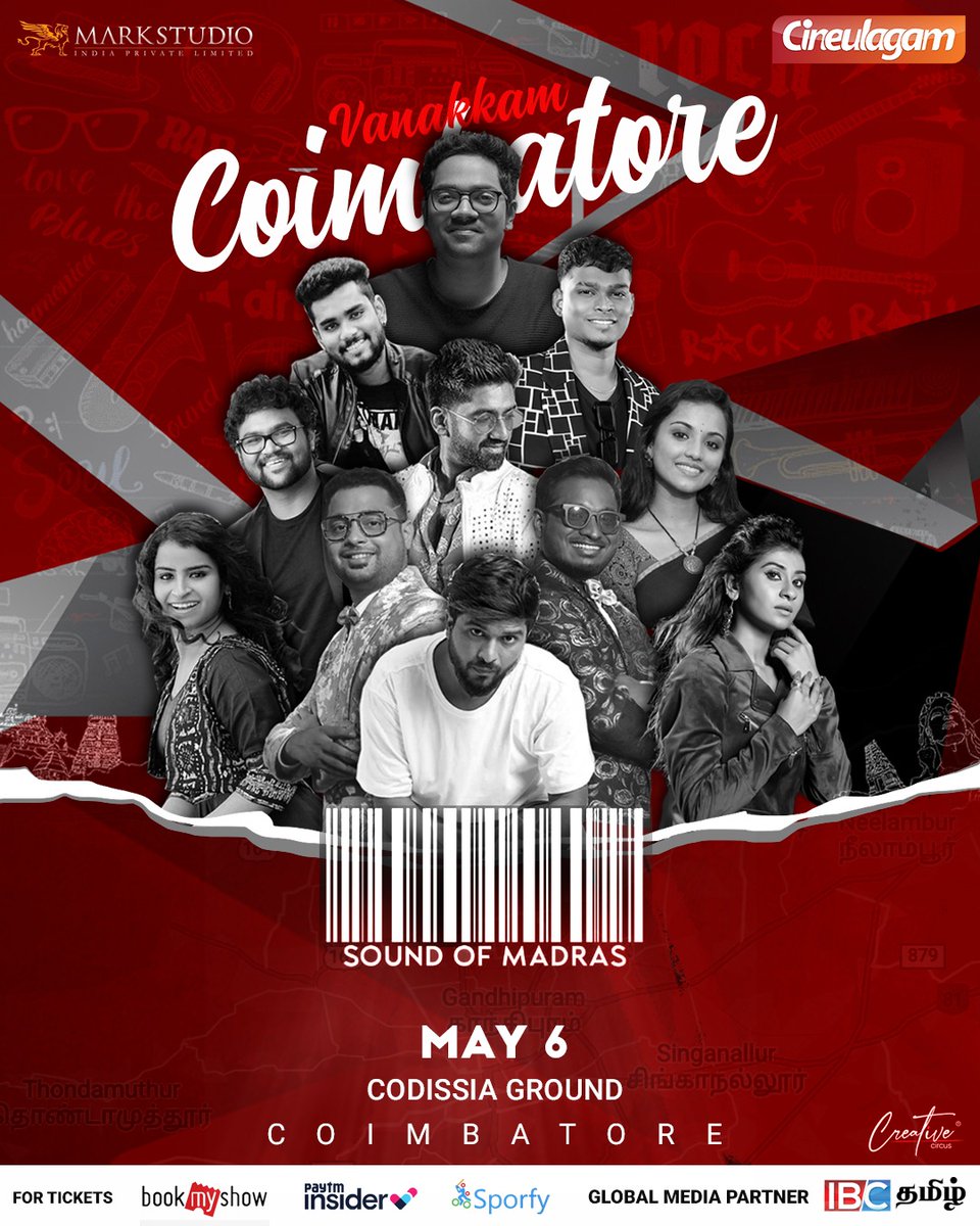 🎶CINEULAGAM presents SOUND OF MADRAS🎶
Witness the face of originals shares the stage together
 Tickets👇
insider.in/sound-of-madra…
📢Date & Venue: May 6th, CODISSIA GROUND (Coimbatore)
@dsathyaprakash @dharankumar_c @VaisaghOfficial @samvishal280999  #Coimbatore #SoundOfMadras