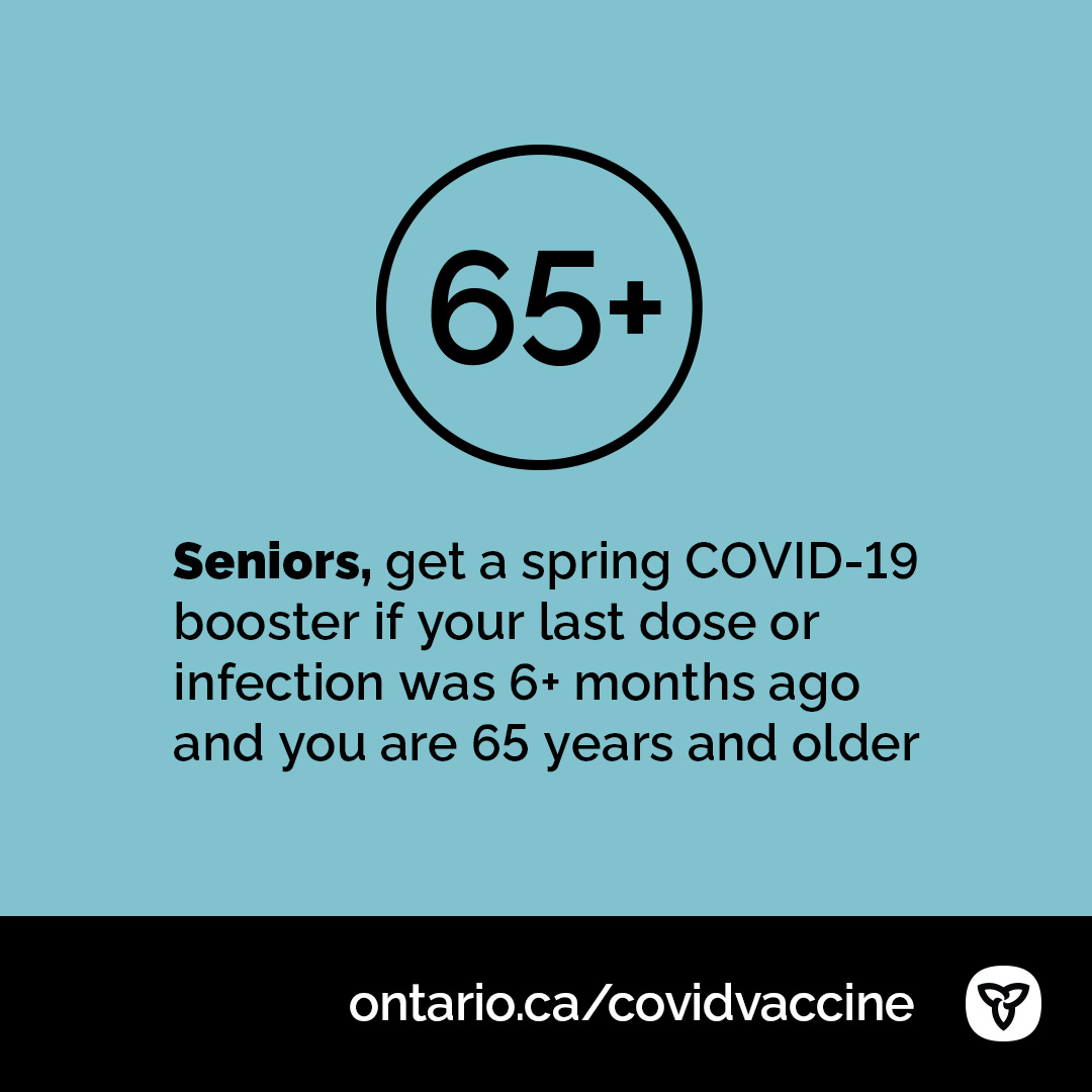 ONThealth's tweet image. #Seniors: A spring #COVID19 booster dose is recommended if your last dose or confirmed infection was 6+ months ago and you are 65 years and older.

Protect yourself: ontario.ca/covidvaccine