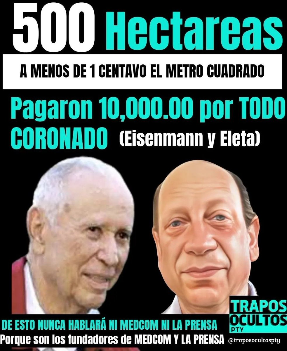 Ya que se está tocando el tema de compras de tierras, empecemos a mencionar todos esos rabi blancos que se adueñaron de las tierras en Panamá.. Los dueños de Coronado: Eisenmann y Eleta. 10,000.00$ por 500 Hectáreas! Nadie habla de ellos? La lista sigue..➡️