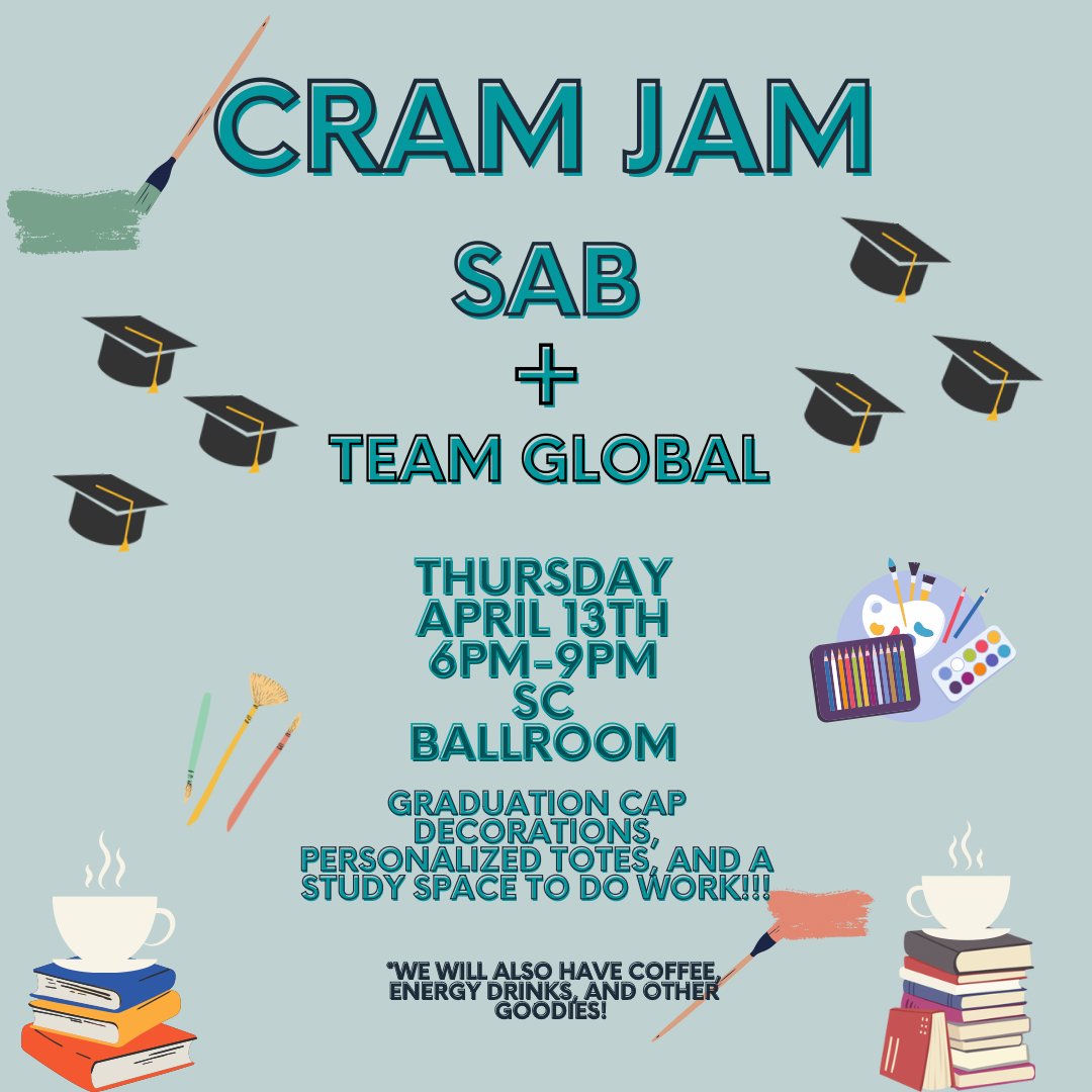 This Thursday Cram Jam 🧠☕️ will be happening in the Student Center Ballroom!!! We’ll have Grad cap decorations in honor of graduation coming up, personalized tote bags to decorate, and a study space to use for homework or to prep for finals!! We hope to see you there! ☺️🤍