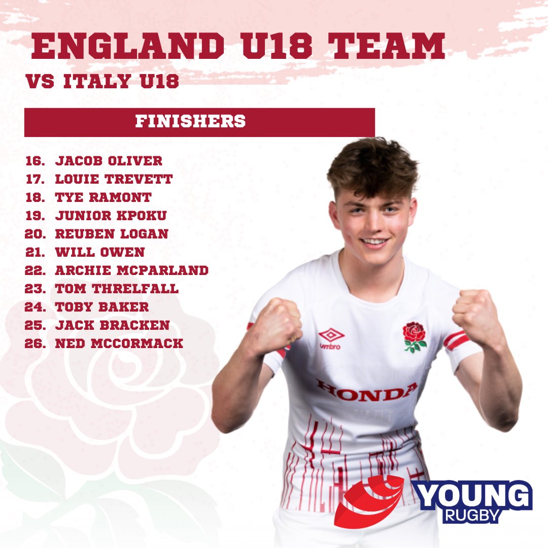 🌹 England U18 Vs Italy 🌹

Here’s how @englandrugby line up for tomorrow’s clash with Italy U18! 

@willrobertsport from @youngrugby will be on commentary on the @SixNationsU20 livestream 🎙️