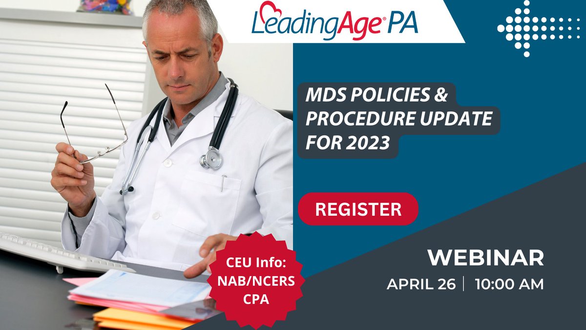 LeadingAgePA's tweet photo. New #webinar: MDS Policies & Procedure Update for 2023
Tammy Lucas-Coleman, RN, CNDLTC, RAC-CTA of @affinity_ahs will be our presenter for this topic.
Register here: https://t.co/IBRFBSntuR
#leadingagepa
#webinarsleadingagepa https://t.co/2oBBEwy6yD