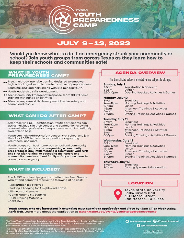Youth Preparedness Camp applications are due Wed. 4/18. Do you work with a group of students in grades 8-11 who are interested in #emergencypreparedness? Visit txssc.txstate.edu/events/youth-p… to learn more! #TXYouthPrep