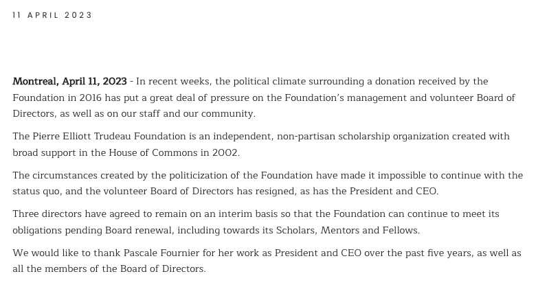 Harry__Faulkner's tweet photo. BREAKING: The entire board of directors of the Pierre Elliott Trudeau Foundation including the President and CEO has resigned.

https://t.co/75qmsdNll5 https://t.co/HsFvf8SKtD