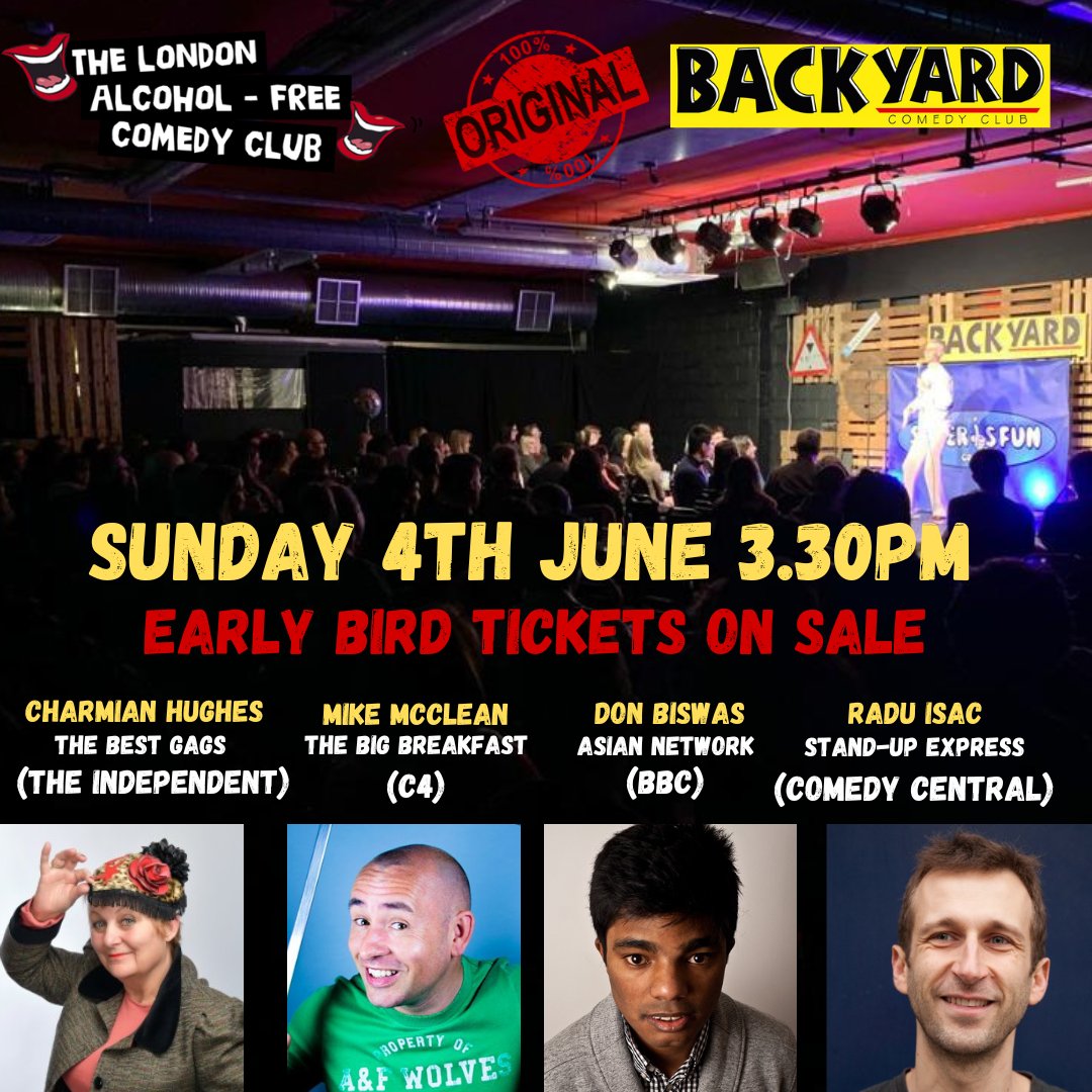 fun_sober's tweet photo. Our next show - Sunday 4th June 3.30pm @Backyard_Comedy 💙.
We have a VERY funny afternoon instore for you with... @charmianhughes @DonBiswascomedy @RaduIsac2 @mikemcclean5
Make sure to book in ADV via link in bio 👆
#alcoholfree #aflife #alcoholfreecomedyclub #sober #soberevent https://t.co/SAtkFUrxih