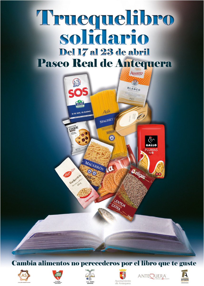 biblioespinosa's tweet photo. Del 17 al 23 de abril estaremos en la Feria del Libro organizada por @AytoAntequera para colaborar con @COMARCANTEQUERA y @EEP_PEspinosa. Un alimento = un libro. Pásate y colabora. #truequelibrosolidario #lecturasolidaria https://t.co/b2UR4WyV0Y