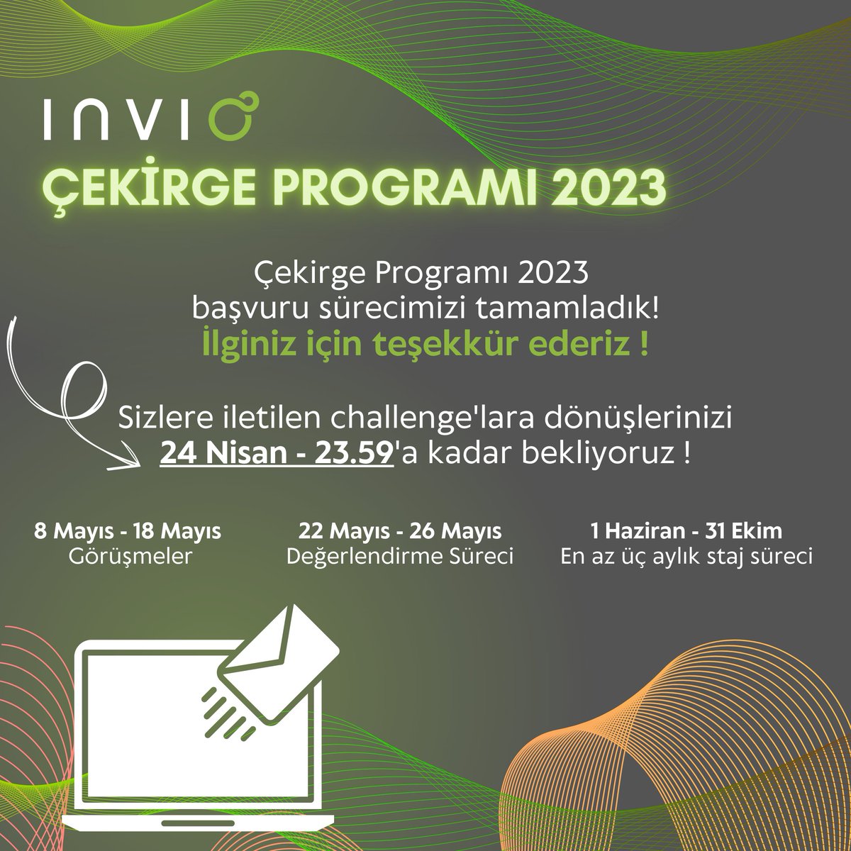 inviobilisim's tweet photo. Invio 2023 Çekirge Programı’na başvuru sürecimizi tamamladık. Yoğun ilginiz için teşekkür ederiz 💚 Sizlere iletilen ilgili challenge'lara geri dönüşlerinizi 24 Nisan 23.59'a kadar bekliyoruz !
• #invio #digital #staj #stajprogramı #çekirgeprogramı https://t.co/taLfClQ5ux