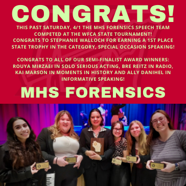 1WARRIOR (@1warriormhs) on Twitter photo Congratulations to our Forensics Speech team! Last weekend, they competed at the WFCA State tournament! Congrats to Stephanie Walloch for earning a 1st Place State Trophy! Congrats to all of our Semi-Finalist award winners! Way to go Warriors! @MHSIrvine <a href="/MuskegoNorwaySc/">Muskego-Norway Schools</a> Congratulations to our Forensics Speech team! Last weekend, they competed at the WFCA State tournament! Congrats to Stephanie Walloch for earning a 1st Place State Trophy! Congrats to all of our Semi-Finalist award winners! Way to go Warriors! @MHSIrvine <a href="/MuskegoNorwaySc/">Muskego-Norway Schools</a>