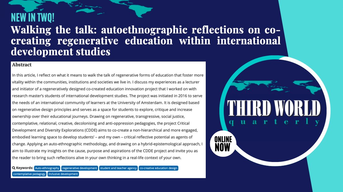 thirdworldq's tweet photo. 📢 New from @MiekeLopes of @UvA_AISSR
✨ Walking the talk: autoethnographic reflections on co-creating regenerative education within international development studies ✨
Available here ⬇️🔗
https://t.co/eHT5AtWRTM
#AutoEthnography #RegenerativeDevelopment #Agency https://t.co/M6tD83ZZLF