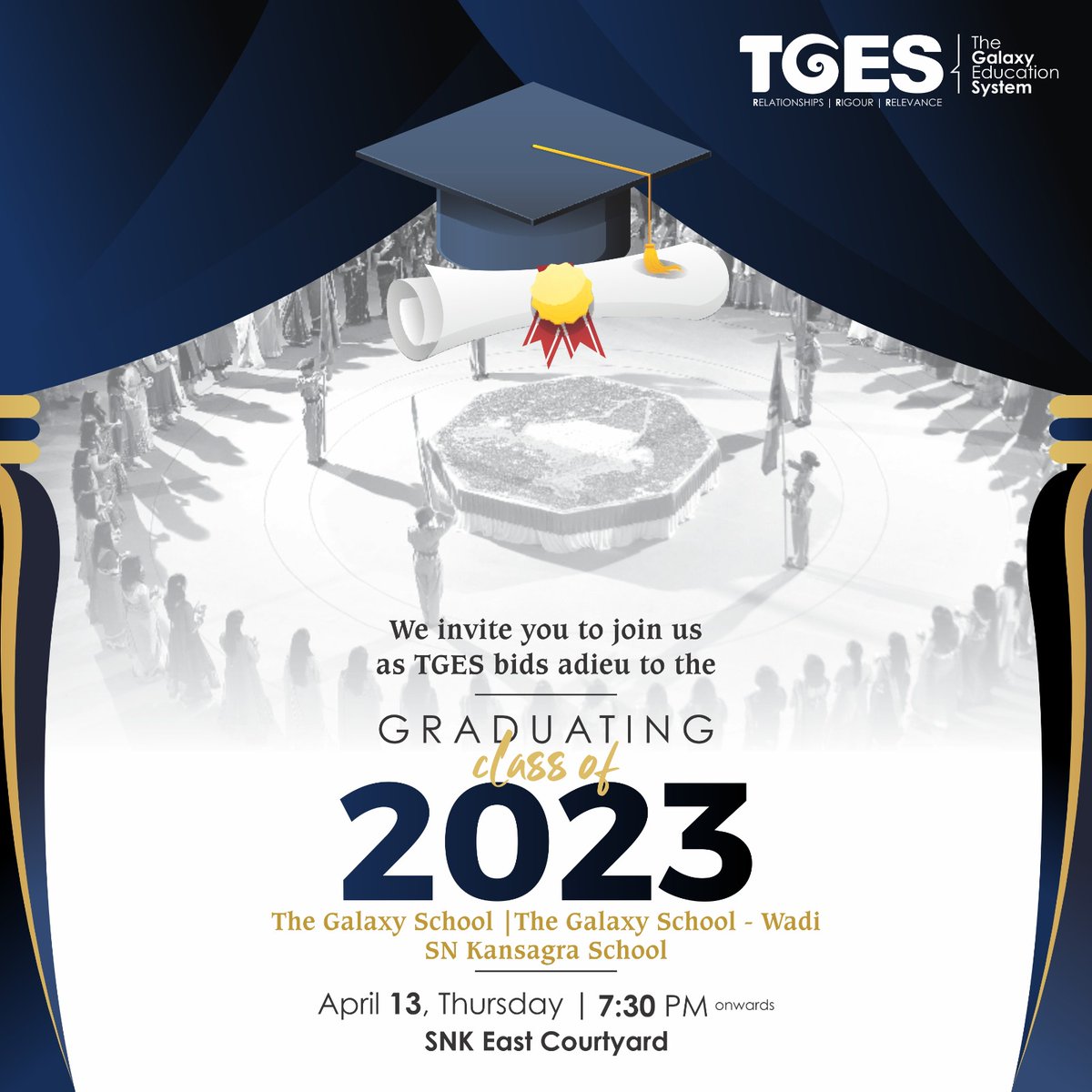 tges_org's tweet photo. A Farewell is when you wish someone to fare well!
It's time to bid adieu to SNK Humanities and IB-CIE graduating class of 2023 and wish them the very best as they embark upon a brand new journey.
When: April 13th, 7:30pm onwards
Where: SNK East Courtyard https://t.co/Bj7GeKKllM