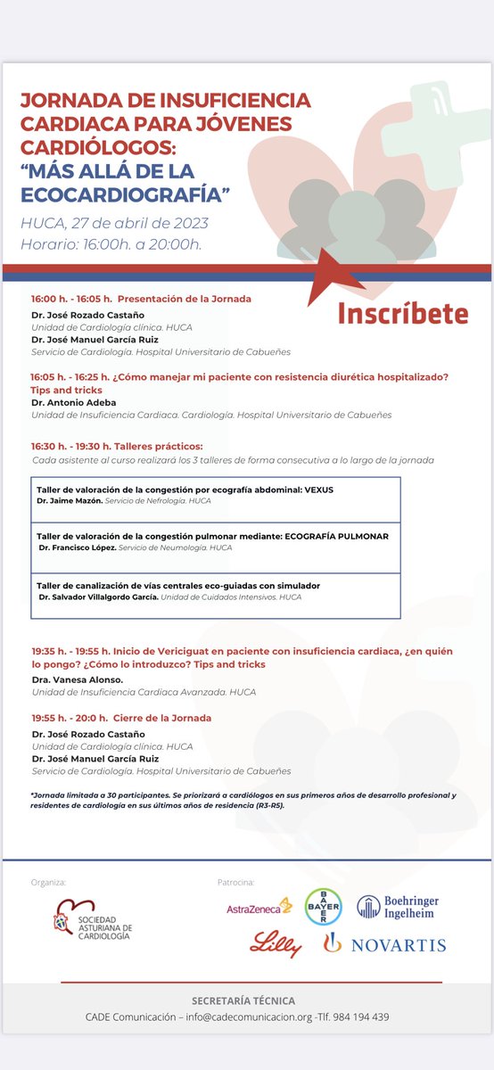 A finales de Abril tenemos la 1ª Jornada de la Sociedad Asturiana de Cardiología para jóvenes Cardiólogos con Talleres prácticos y Temas complejos del día a día en IC. Creemos que puede ser el inicio de algo grande. Plazas limitadas así que a apuntarse……